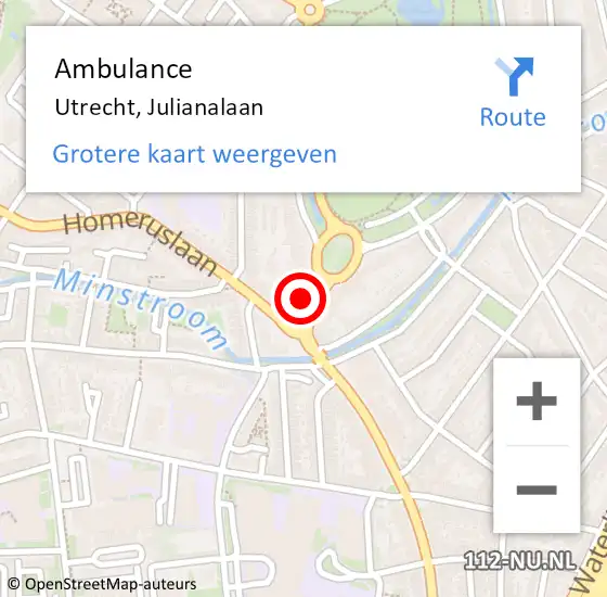 Locatie op kaart van de 112 melding: Ambulance Utrecht, Julianalaan op 5 september 2014 13:09