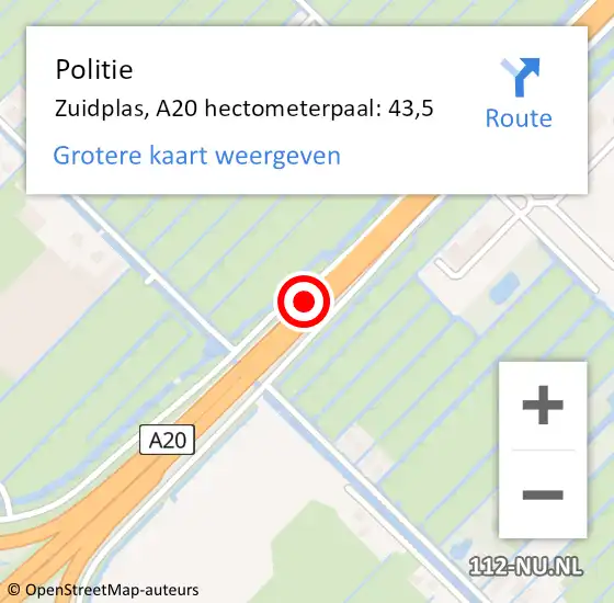 Locatie op kaart van de 112 melding: Politie Zuidplas, A20 hectometerpaal: 43,5 op 21 augustus 2023 16:00