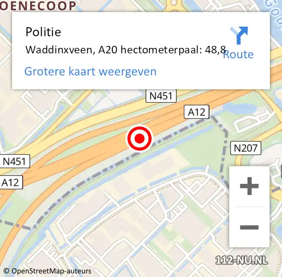 Locatie op kaart van de 112 melding: Politie Waddinxveen, A20 hectometerpaal: 48,8 op 21 augustus 2023 17:16
