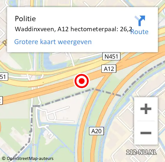 Locatie op kaart van de 112 melding: Politie Waddinxveen, A12 hectometerpaal: 26,2 op 21 augustus 2023 17:49