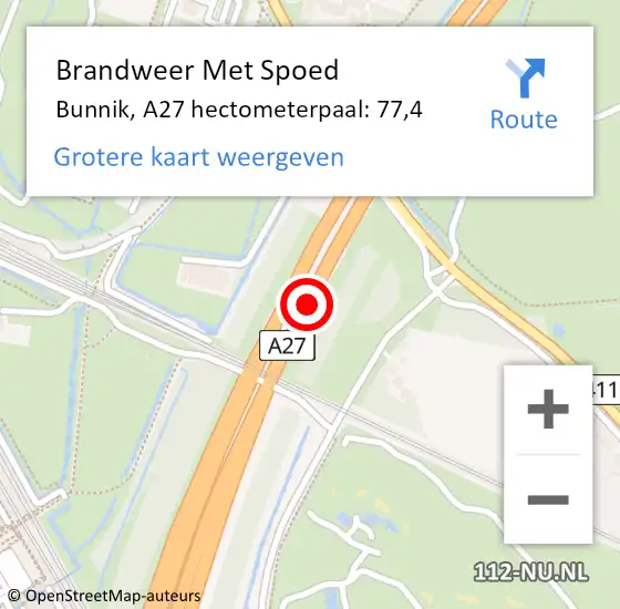 Locatie op kaart van de 112 melding: Brandweer Met Spoed Naar Bunnik, A27 hectometerpaal: 77,4 op 21 augustus 2023 19:00