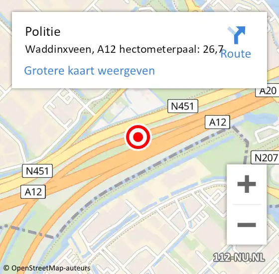 Locatie op kaart van de 112 melding: Politie Waddinxveen, A12 hectometerpaal: 26,7 op 21 augustus 2023 20:13