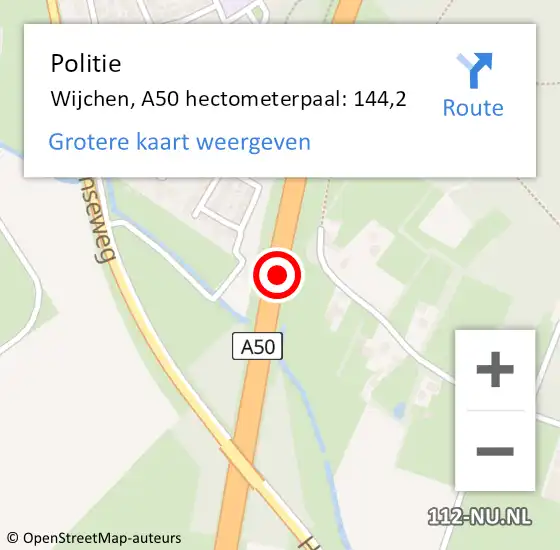 Locatie op kaart van de 112 melding: Politie Wijchen, A50 hectometerpaal: 144,2 op 22 augustus 2023 07:08