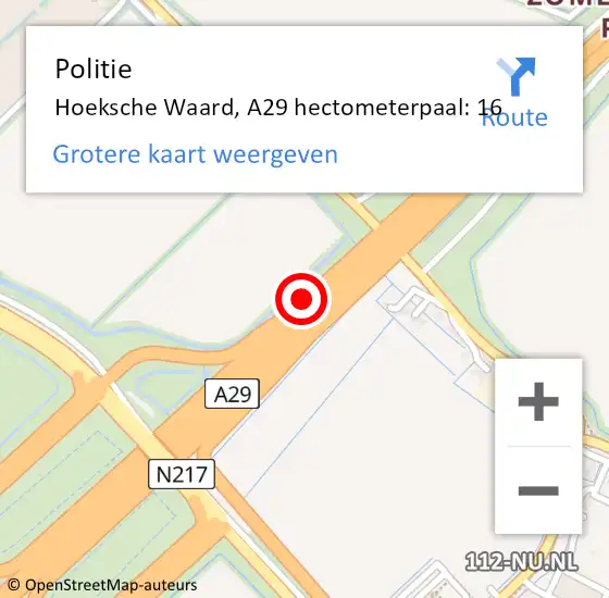 Locatie op kaart van de 112 melding: Politie Hoeksche Waard, A29 hectometerpaal: 16 op 22 augustus 2023 07:27