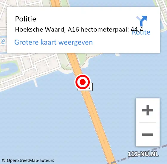 Locatie op kaart van de 112 melding: Politie Hoeksche Waard, A16 hectometerpaal: 44,4 op 22 augustus 2023 09:26