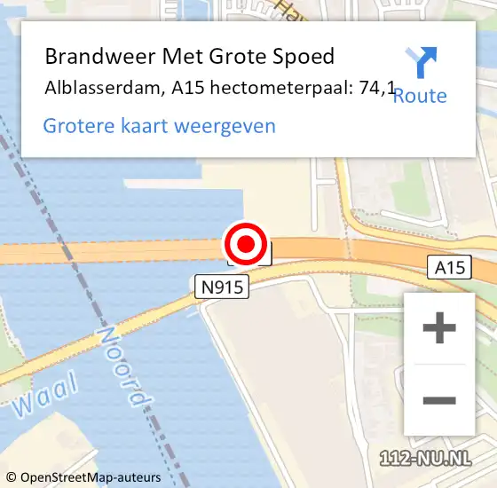 Locatie op kaart van de 112 melding: Brandweer Met Grote Spoed Naar Alblasserdam, A15 hectometerpaal: 74,1 op 22 augustus 2023 10:09