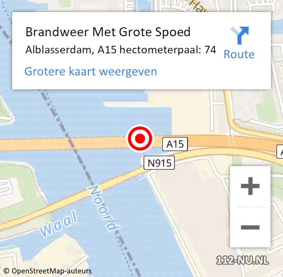 Locatie op kaart van de 112 melding: Brandweer Met Grote Spoed Naar Alblasserdam, A15 hectometerpaal: 74 op 22 augustus 2023 10:10