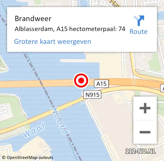 Locatie op kaart van de 112 melding: Brandweer Alblasserdam, A15 hectometerpaal: 74 op 22 augustus 2023 10:10