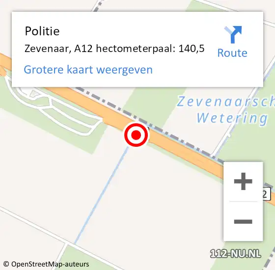 Locatie op kaart van de 112 melding: Politie Zevenaar, A12 hectometerpaal: 140,5 op 22 augustus 2023 11:31