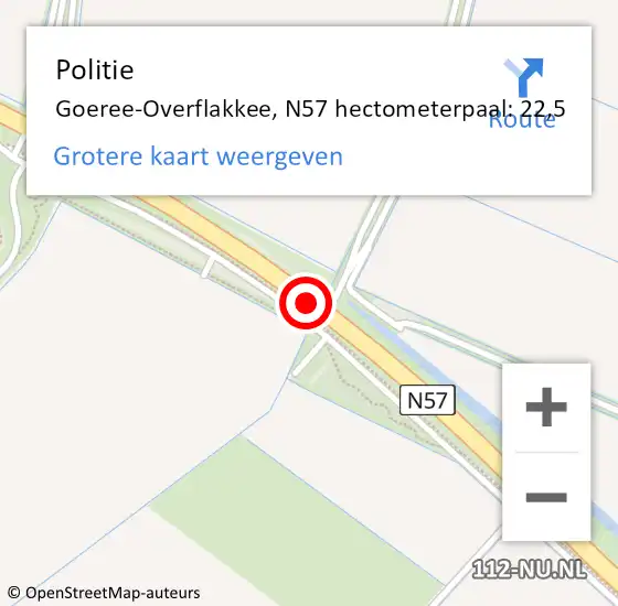 Locatie op kaart van de 112 melding: Politie Goeree-Overflakkee, N57 hectometerpaal: 22,5 op 22 augustus 2023 13:30