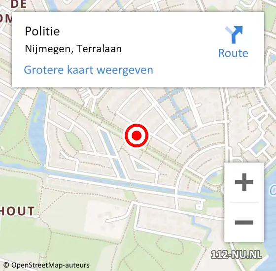 Locatie op kaart van de 112 melding: Politie Nijmegen, Terralaan op 22 augustus 2023 13:49