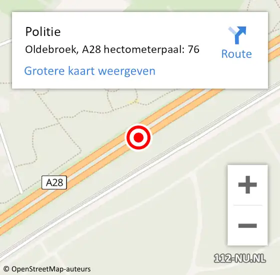 Locatie op kaart van de 112 melding: Politie Oldebroek, A28 hectometerpaal: 76 op 22 augustus 2023 14:07
