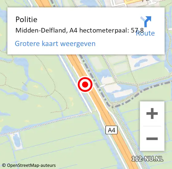 Locatie op kaart van de 112 melding: Politie Midden-Delfland, A4 hectometerpaal: 57,8 op 22 augustus 2023 15:38