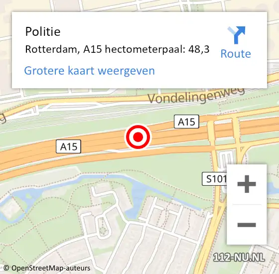 Locatie op kaart van de 112 melding: Politie Rotterdam, A15 hectometerpaal: 48,3 op 22 augustus 2023 15:38