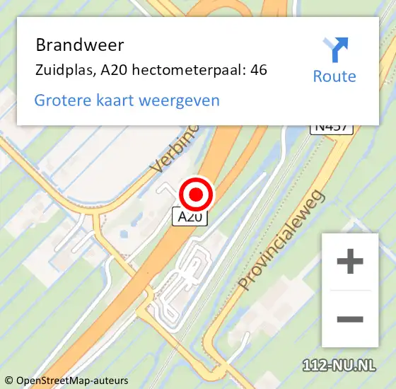 Locatie op kaart van de 112 melding: Brandweer Zuidplas, A20 hectometerpaal: 46 op 22 augustus 2023 15:41