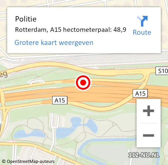 Locatie op kaart van de 112 melding: Politie Rotterdam, A15 hectometerpaal: 48,9 op 22 augustus 2023 15:42