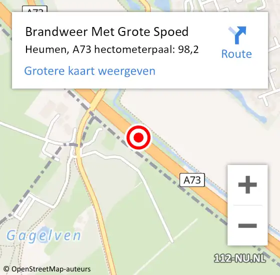 Locatie op kaart van de 112 melding: Brandweer Met Grote Spoed Naar Heumen, A73 hectometerpaal: 98,2 op 22 augustus 2023 16:04