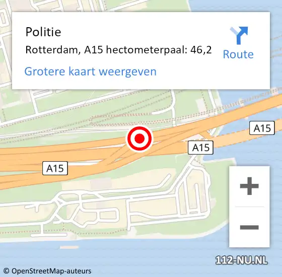 Locatie op kaart van de 112 melding: Politie Rotterdam, A15 hectometerpaal: 46,2 op 22 augustus 2023 17:04