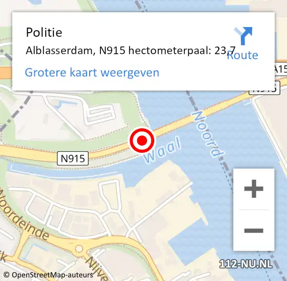 Locatie op kaart van de 112 melding: Politie Alblasserdam, N915 hectometerpaal: 23,7 op 22 augustus 2023 17:17