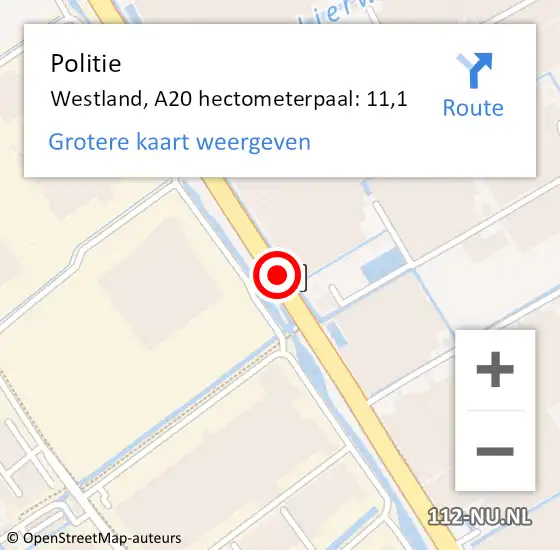 Locatie op kaart van de 112 melding: Politie Westland, A20 hectometerpaal: 11,1 op 22 augustus 2023 17:30