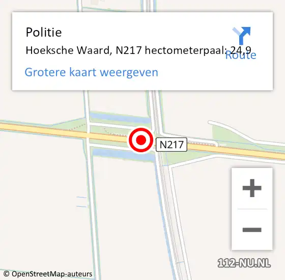 Locatie op kaart van de 112 melding: Politie Hoeksche Waard, N217 hectometerpaal: 24,9 op 22 augustus 2023 17:36