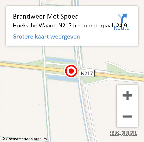 Locatie op kaart van de 112 melding: Brandweer Met Spoed Naar Hoeksche Waard, N217 hectometerpaal: 24,9 op 22 augustus 2023 18:01