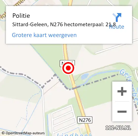 Locatie op kaart van de 112 melding: Politie Sittard-Geleen, N276 hectometerpaal: 21,8 op 23 augustus 2023 01:03