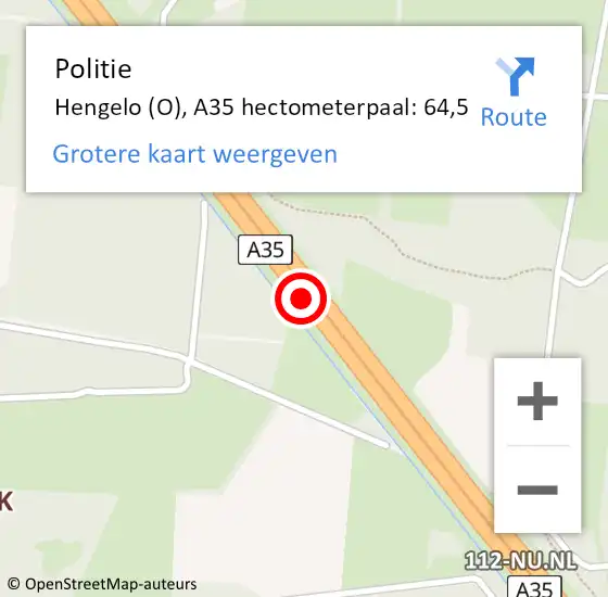 Locatie op kaart van de 112 melding: Politie Hengelo (O), A35 hectometerpaal: 64,5 op 23 augustus 2023 05:25