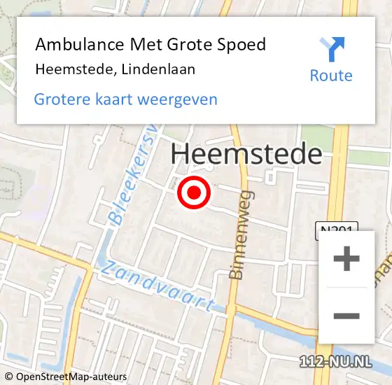 Locatie op kaart van de 112 melding: Ambulance Met Grote Spoed Naar Heemstede, Lindenlaan op 23 augustus 2023 08:41