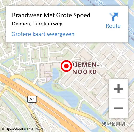 Locatie op kaart van de 112 melding: Brandweer Met Grote Spoed Naar Diemen, Tureluurweg op 23 augustus 2023 10:36