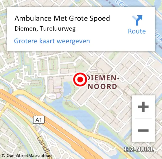 Locatie op kaart van de 112 melding: Ambulance Met Grote Spoed Naar Diemen, Tureluurweg op 23 augustus 2023 10:36