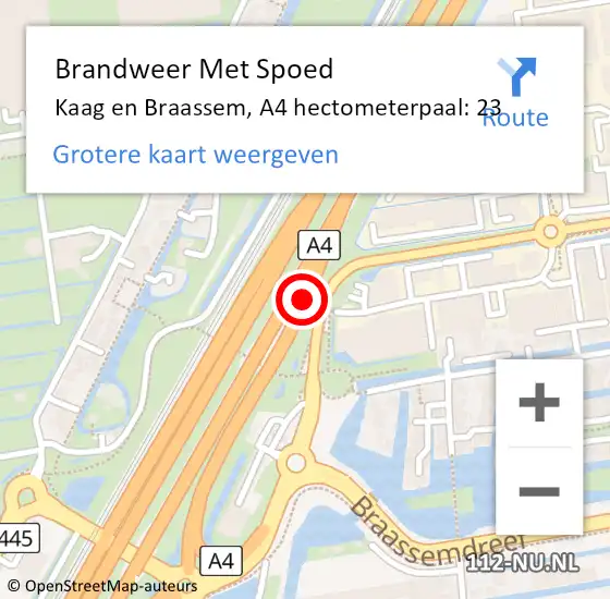 Locatie op kaart van de 112 melding: Brandweer Met Spoed Naar Kaag en Braassem, A4 hectometerpaal: 23 op 23 augustus 2023 10:37