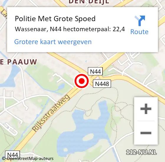 Locatie op kaart van de 112 melding: Politie Met Grote Spoed Naar Wassenaar, N44 hectometerpaal: 22,4 op 23 augustus 2023 11:46