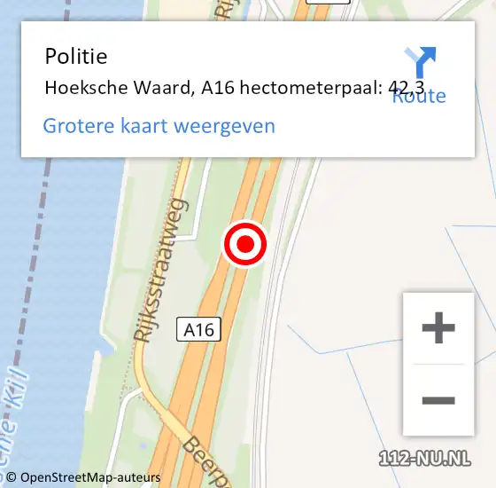 Locatie op kaart van de 112 melding: Politie Hoeksche Waard, A16 hectometerpaal: 42,3 op 23 augustus 2023 11:54