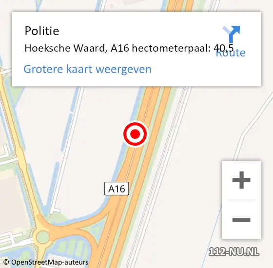 Locatie op kaart van de 112 melding: Politie Hoeksche Waard, A16 hectometerpaal: 40,5 op 23 augustus 2023 11:54