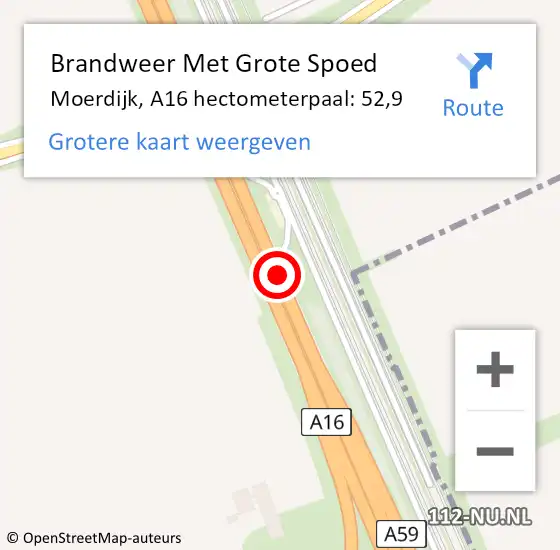 Locatie op kaart van de 112 melding: Brandweer Met Grote Spoed Naar Moerdijk, A16 hectometerpaal: 52,9 op 23 augustus 2023 14:06