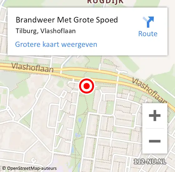 Locatie op kaart van de 112 melding: Brandweer Met Grote Spoed Naar Tilburg, Vlashoflaan op 23 augustus 2023 15:09