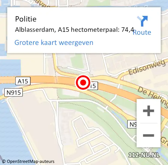 Locatie op kaart van de 112 melding: Politie Alblasserdam, A15 hectometerpaal: 74,4 op 23 augustus 2023 15:49