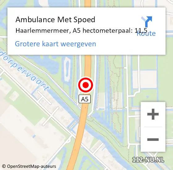 Locatie op kaart van de 112 melding: Ambulance Met Spoed Naar Haarlemmermeer, A5 hectometerpaal: 11,5 op 23 augustus 2023 16:07