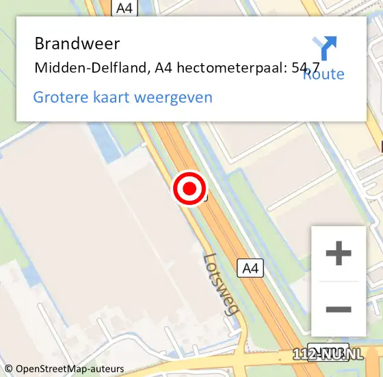 Locatie op kaart van de 112 melding: Brandweer Midden-Delfland, A4 hectometerpaal: 54,7 op 23 augustus 2023 16:56