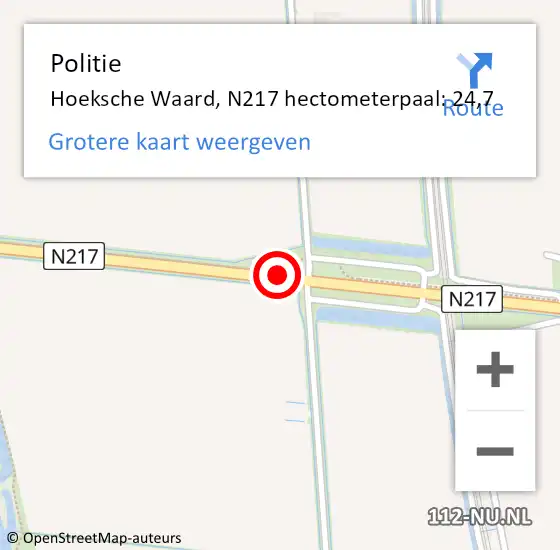 Locatie op kaart van de 112 melding: Politie Hoeksche Waard, N217 hectometerpaal: 24,7 op 23 augustus 2023 17:08