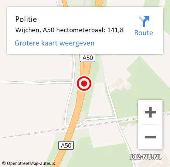 Locatie op kaart van de 112 melding: Politie Wijchen, A50 hectometerpaal: 141,8 op 23 augustus 2023 17:16