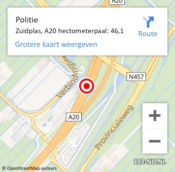 Locatie op kaart van de 112 melding: Politie Zuidplas, A20 hectometerpaal: 46,1 op 23 augustus 2023 18:15