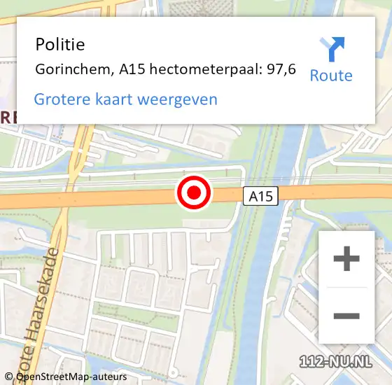 Locatie op kaart van de 112 melding: Politie Gorinchem, A15 hectometerpaal: 97,6 op 23 augustus 2023 18:25