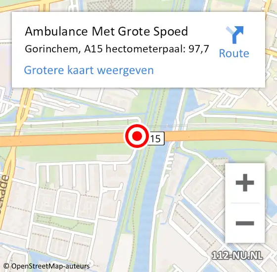 Locatie op kaart van de 112 melding: Ambulance Met Grote Spoed Naar Gorinchem, A15 hectometerpaal: 97,7 op 23 augustus 2023 18:31