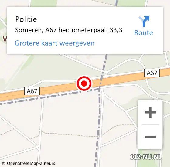 Locatie op kaart van de 112 melding: Politie Someren, A67 hectometerpaal: 33,3 op 23 augustus 2023 18:46