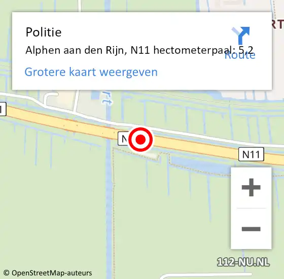 Locatie op kaart van de 112 melding: Politie Alphen aan den Rijn, N11 hectometerpaal: 5,2 op 23 augustus 2023 18:58