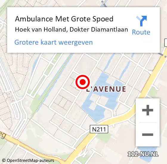 Locatie op kaart van de 112 melding: Ambulance Met Grote Spoed Naar Hoek van Holland, Dokter Diamantlaan op 23 augustus 2023 19:04