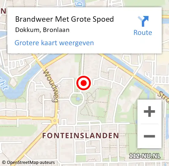 Locatie op kaart van de 112 melding: Brandweer Met Grote Spoed Naar Dokkum, Bronlaan op 23 augustus 2023 22:19