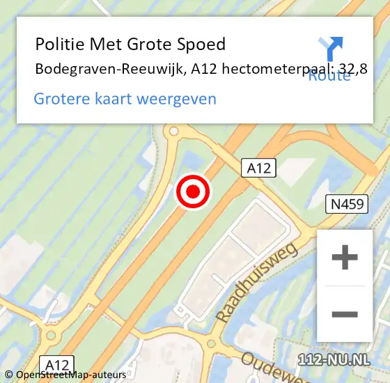 Locatie op kaart van de 112 melding: Politie Met Grote Spoed Naar Bodegraven-Reeuwijk, A12 hectometerpaal: 32,8 op 23 augustus 2023 22:36